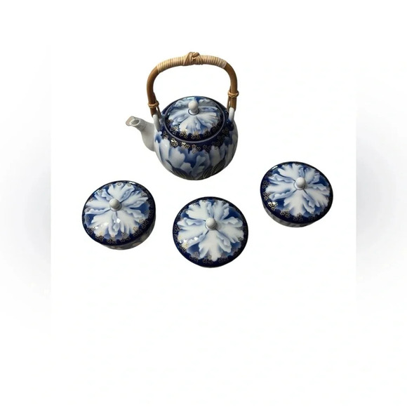 Fukagawa Seiji Peony Gold Mill Cobalt Blue Set Teapot  And 3 Tea Cups & … - Picture 3 of 15